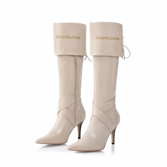 Waxed Patina Fold-Over Pointed Tall Heeled Boots