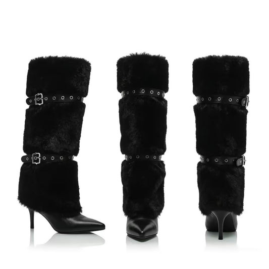 Midnight Buckle Fur-Trimmed Pointed Fashion Boots