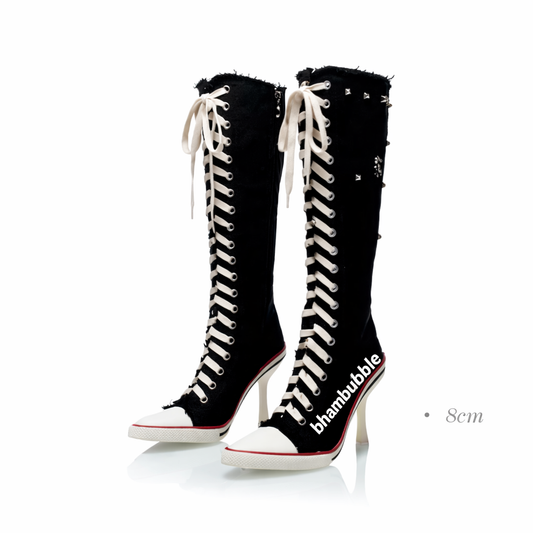 Rebel Stud Canvas Gal High-Heel Knee Boots